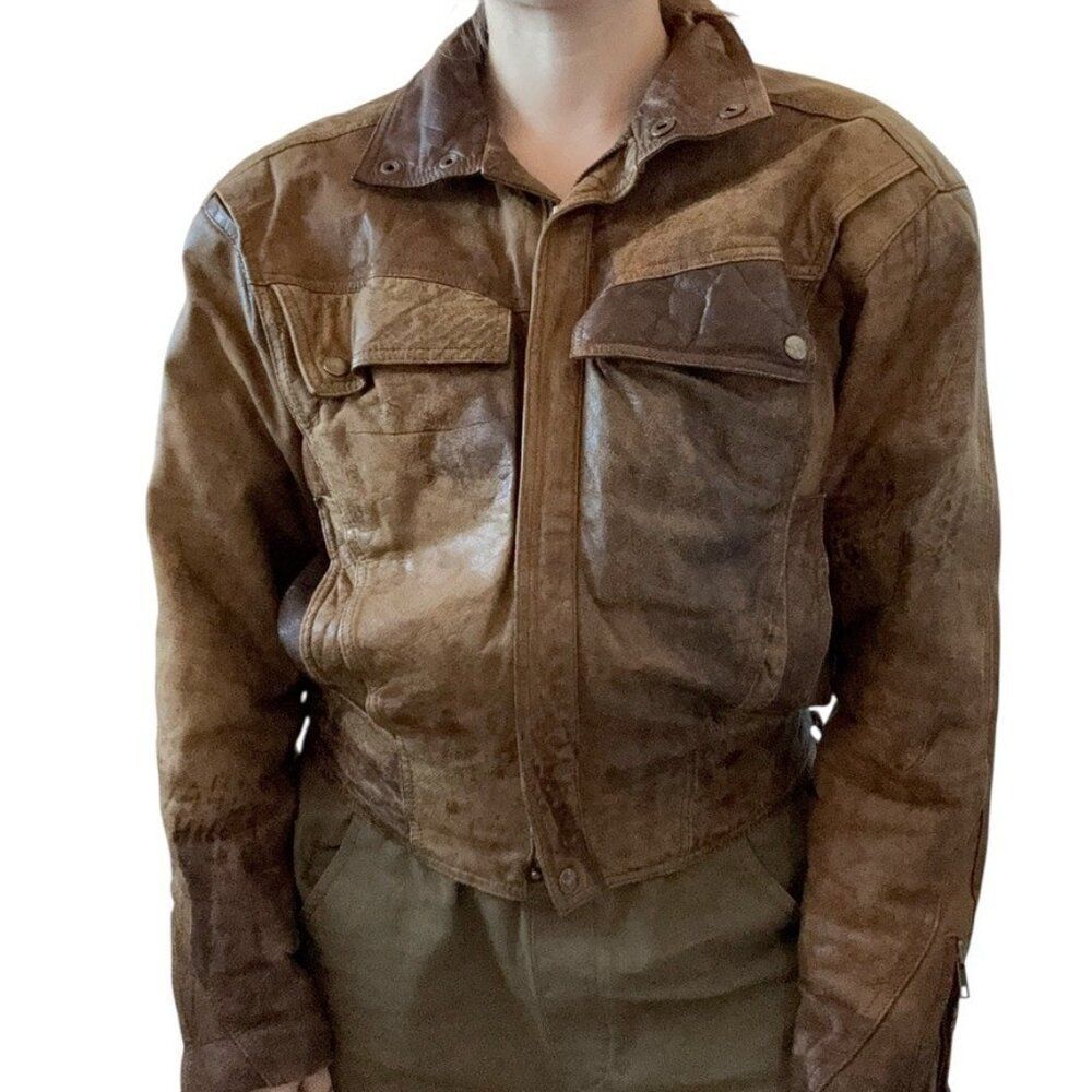 Vintage 1980s Britches Brown Distressed Biker Leather Cropped Bomber Jacket 38